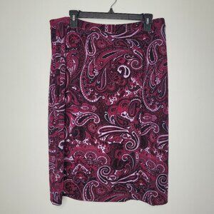 Jaclyn Smith purple tones paisley print slinky short pull on faux wrap skirt xl